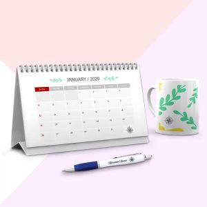 Wiro bound desk calendar with mug and pen
