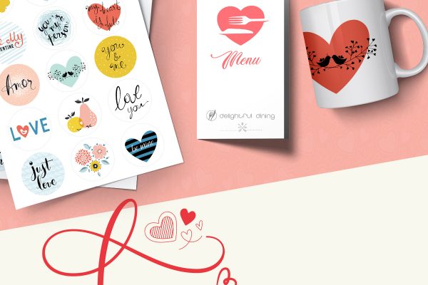 Love print showing stickers on a sheet, menu and a mug